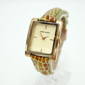 Anne Klein Womens Gold Tone Tank Watch 28mm Green Leather Strap w New Battery